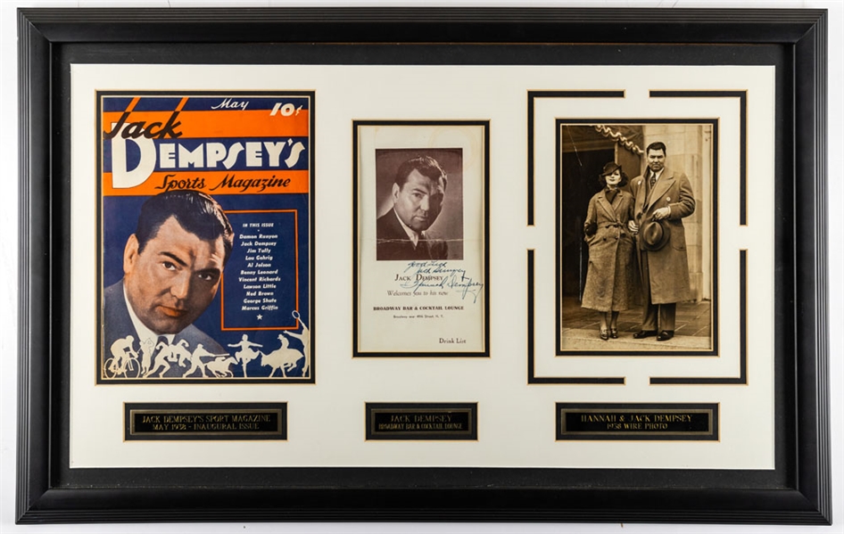 Jack Dempsey and Hannah Dempsey Dual-Signed Jack Dempsey Broadway Bar Drink List Framed Display Including Vintage Photo and Vol.1 #1 Dempseys Sports Magazine with JSA LOA (32 ½” x 20 ¾”)