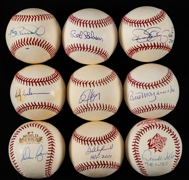 Baseball Autograph Collection with Single-Signed Baseballs (11 - Inc. Ryan, Mazeroski, Gibson, Jackson, Winfield, Alomar and Others) Plus Steve Carlton Signed Gartlan Figurine