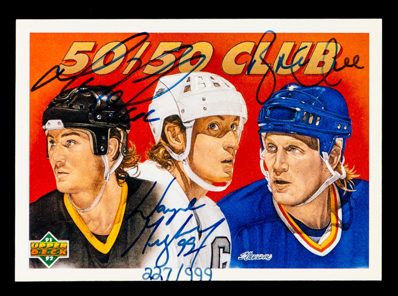 1991-92 Upper Deck Limited-Edition Triple-Signed Hockey Card #45  The 50/50 Club Signed by HOFers Wayne Gretzky, Mario Lemieux and Brett Hull (#227/999)