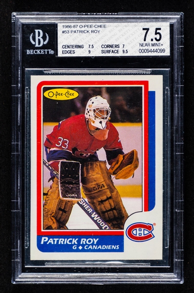 1986-87 O-Pee-Chee Hockey Card #53 HOFer Patrick Roy Rookie - Graded Beckett 7.5