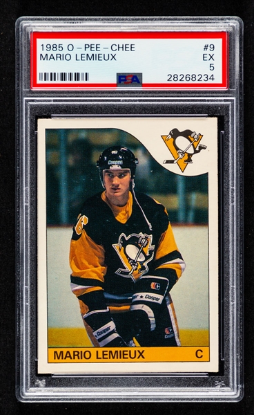 1985-86 O-Pee-Chee Hockey Card #9 HOFer Mario Lemieux Rookie - Graded PSA 5