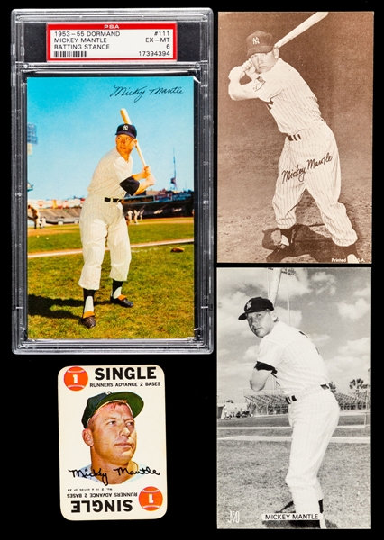1947-66 Exhibits Mickey Mantle (Batting/Blank Back), 1953-55 Dorman Baseball Postcard #111 HOFer Mickey Mantle (PSA 6), 1960s JD McCarthy Mickey Mantle Postcard and 1968 Topps Mantle Playing Card