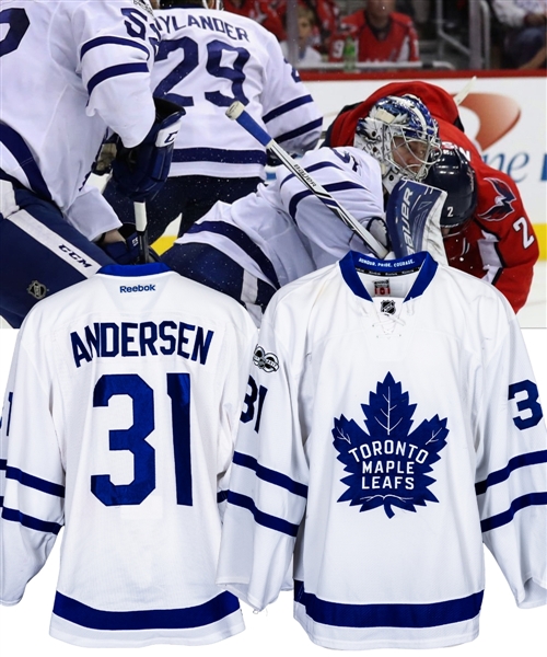 Frederik Andersens 2016-17 Toronto Maple Leafs Game-Worn Stanley Cup Playoffs Jersey with Team COA – NHL Centennial Patch! - Photo-Matched!