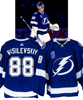 Andrei Vasilevskiys 2021-22 Tampa Bay Lightning Banner Night Game-Worn Jersey with Team COA - 2020-21 Stanley Cup Champions Patch!
