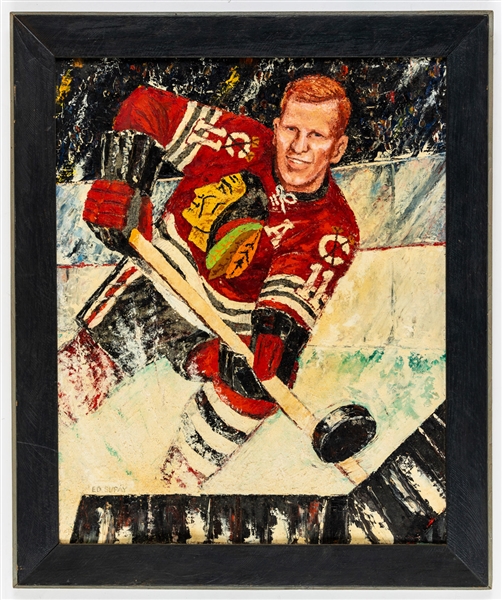 HOFer Bill Hay Vintage Chicago Black Hawks Framed Painting from the Hay Family with LOA (23" x 28")