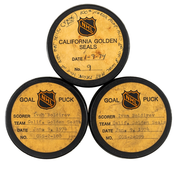 Ivan Boldirevs California Golden Seals Jan. 9th 1974 Goal Pucks (3) From Four-Goal Game with NHL Goal-Puck Certificates - 11th, 12th and 13th Goals of Season / Career Goals #38, #39 and #40 of 361