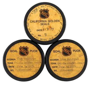 Ivan Boldirevs California Golden Seals Jan. 9th 1974 Goal Pucks (3) From Four-Goal Game with NHL Goal-Puck Certificates - 11th, 12th and 13th Goals of Season / Career Goals #38, #39 and #40 of 361