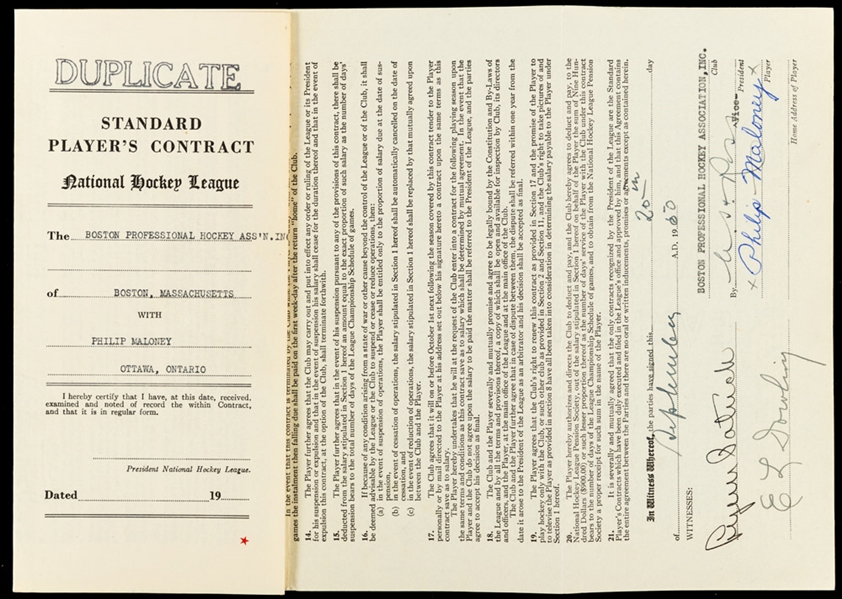 Philip Maloneys 1950-51 Boston Bruins NHL Contract Signed by Deceased HOFers Art Ross and Lynn Patrick