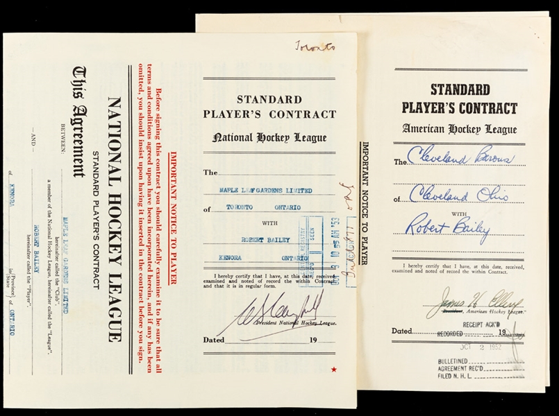 Bob Baileys 1952-53 Cleveland Barons AHL Contract Signed by Deceased HOFer James Hendy and 1953-54 Toronto Maple Leafs NHL Rookie Contract Signed by Deceased HOFers Campbell, Day and Clancy 