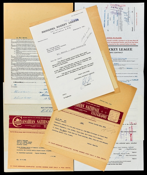 Toronto Maple Leafs 1950s/60s Official Document Collection of 7 Signed by Deceased HOFers Hap Day, Punch Imlach and Clarence Campbell