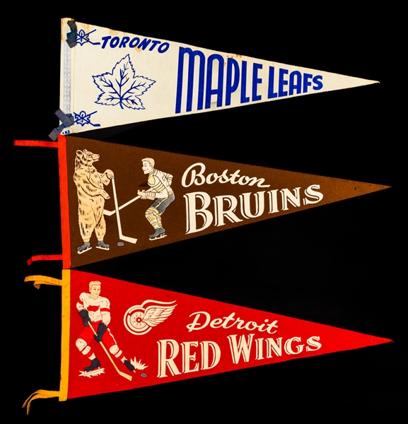 Vintage Hockey Pennant Collection of 37 Including Original Six Era Examples