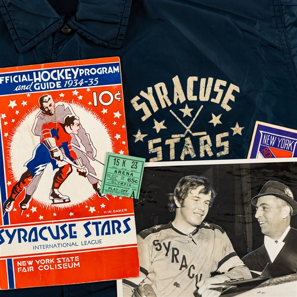 New York Rovers and Syracuse Stars 1930s/1940s Programs (6) Plus Vintage Syracuse Stars Windbreaker and 1960-70 Jim Keon Photo