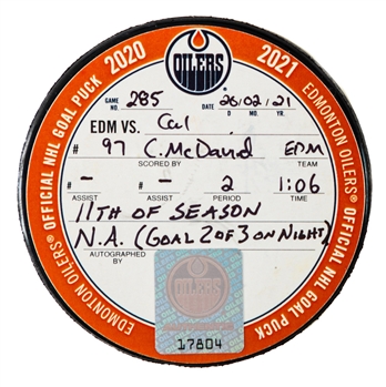 Connor McDavids Edmonton Oilers February 20th 2021 Goal Puck from Hat Trick Game (Second Goal of Night) - Season Goal #11 of 33 / Career Goal #173