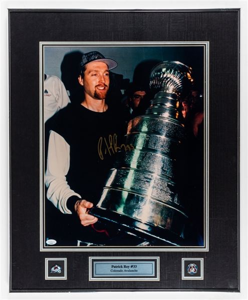 Patrick Roy Signed 1995-96 Colorado Avalanche Stanley Cup Framed Photo (JSA Certified) Plus Ken Dryden, Patrick Roy and Carey Price Game-Used Sticks Pieces Framed Display