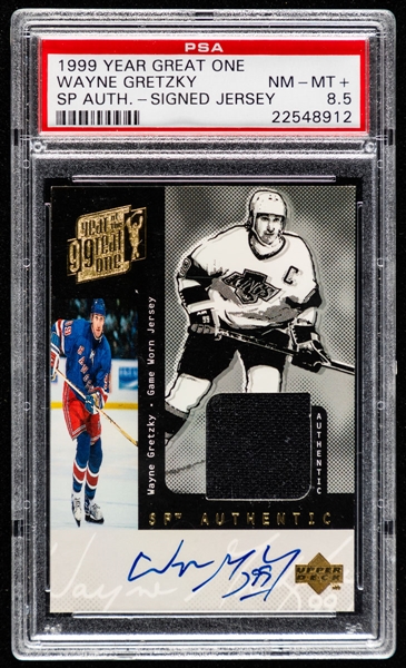 1999 Upper Deck SP Authentic "Year of the Great One" Signed Wayne Gretzky Game Worn Jersey Card - Graded PSA 8.5 - Pop-1 Highest Graded