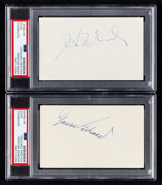 Deceased HOFers Maurice Richard and Henri Richard Signed Index Cards - Both PSA/DNA Certified