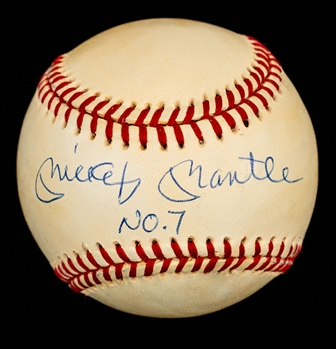 Mickey Mantle Single-Signed Rawlings Official AL Bobby Brown Baseball with Desirable "NO 7" Notation - Upper Deck COA 