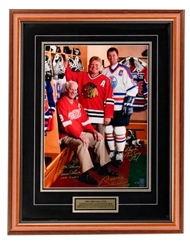 Wayne Gretzky, Gordie Howe and Bobby Hull Triple-Signed "The 1000 Goal Club" Limited-Edition Artist Proof Framed Photo #14/20 with WGA COA from Hulls Personal Collection with Family LOA (26” x 34”) 