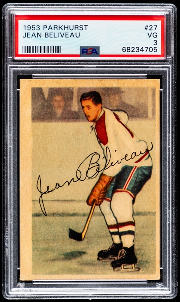 1953-54 Parkhurst Hockey Card #27 HOFer Jean Beliveau Rookie - Graded PSA 3