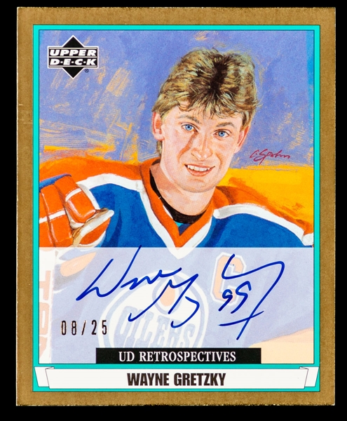 2003-04 UD Retrospectives Autographed Hockey Card #R39 HOFer Wayne Gretzky (8/25) Plus 2003-04 UD Retrospectives/Artistic Impressions Cards (3)