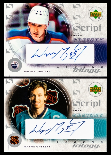 2003-04 Upper Deck Trilogy Script Autograph Hockey Cards (2) #S3-WG and #S3-GR HOFer Wayne Gretzky 