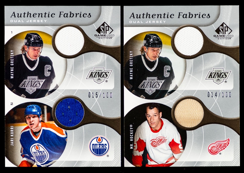 2005-06 to 2007-08 Upper Deck SP Game Used Authentic Fabrics Dual Jersey, Single Patch, Single Jersey & Jersey Swatches Hockey Cards (5) All Featuring HOFer Wayne Gretzky (/25 /75 /100)