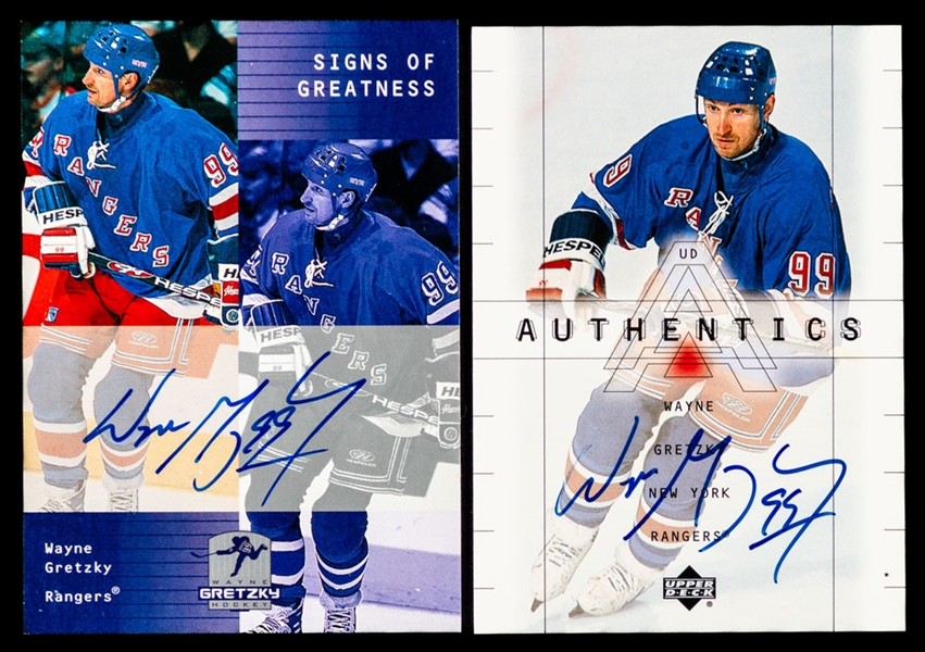 1999-2000 UD Authentics #WG and UD Signs of Greatness #WG Autographed Hockey Cards (2) of HOFer Wayne Gretzky 