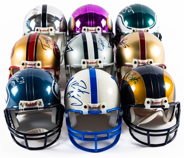 Riddell Autographed Mini Football Helmet Collection of 9 Including Peyton Manning, Marcus Allen, Doug Flutie and Others