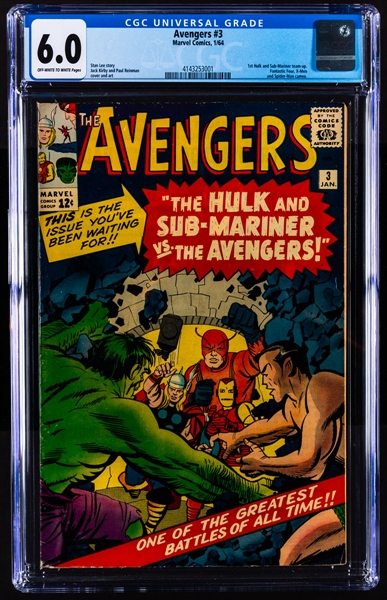 Marvel Comics 1964 The Avengers #3 - CGC Universal Grade 6.0 (Off-White to White Pages) - 1st Hulk and Sub-Mariner Team-Up - Fantastic Four, X-Men and Spider-Man Cameo