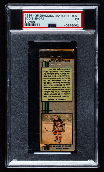 1934-35 Diamond Match Silver Hockey Matchbook Cover #54 Eddie Shore - Graded PSA PR 1