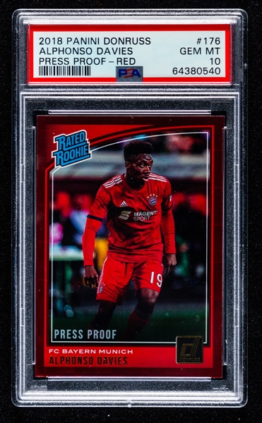 2018-19 Panini Donruss Press Proof Red Rated Rookie Soccer Card #176 Alphonso Davies Rookie - Graded PSA GEM MT 10