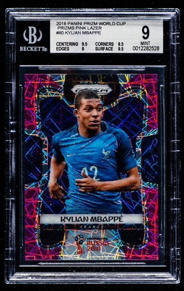 2018 Panini Prizm World Cup Prizms Pink Lazer Soccer Card #80 Kylian Mbappe Rookie (16/40) - Graded Beckett Mint 9