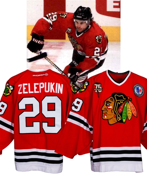 Valeri Zelepukin’s 2000-01 Chicago Blackhawks “Hall of Fame Game” Game-Worn Jersey with Team LOA – 75th Anniversary Patch! 