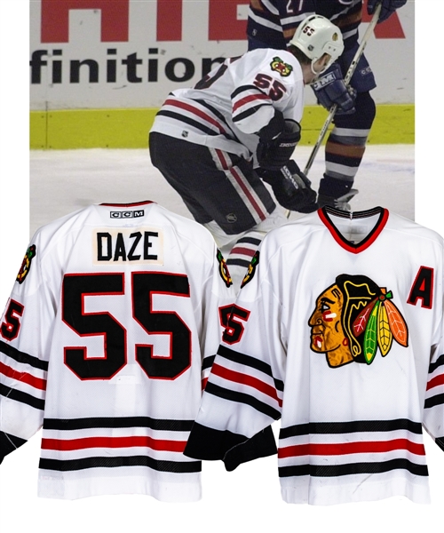 Eric Daze’s 2001-02 Chicago Blackhawks Game-Worn Alternate Captain’s Jersey with Team LOA - Team Repairs!