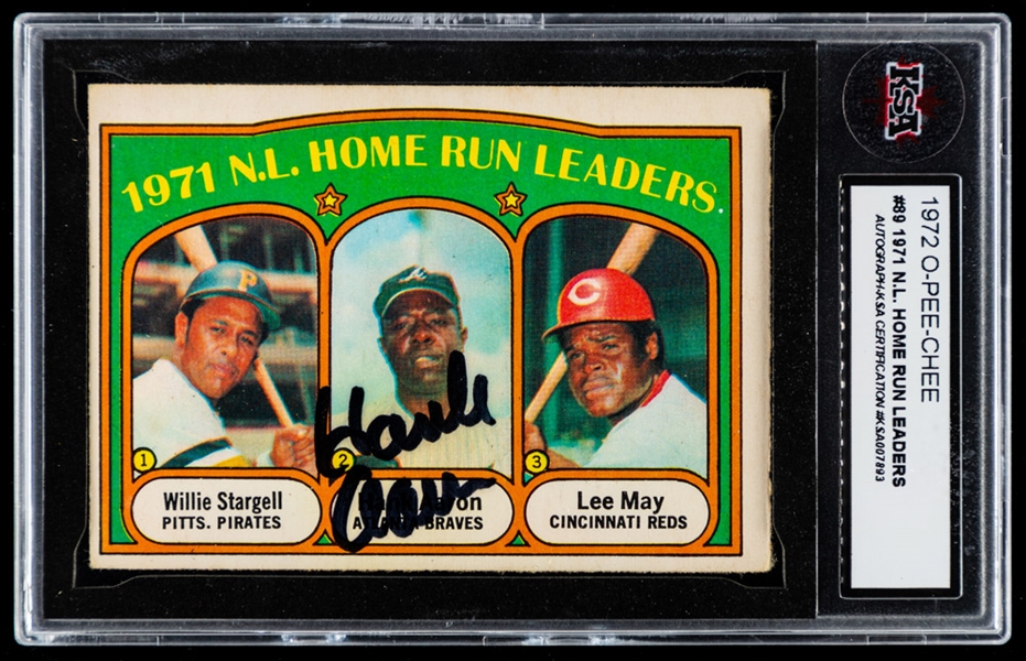 1972 O-Pee-Chee Baseball Card #89 NL Home Run Leaders Stargell/Aaron/May - Signed by Hank Aaron (KSA Certified)