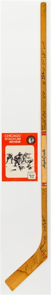 Chicago Black Hawks 1966-67 Team-Signed Stick and Team-Signed Program Including Bobby and Dennis Hull, Mikita, Esposito, Hall and Others