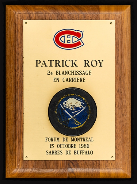 Patrick Roys 1986-87 Signed Second Career NHL Shutout Puck Plaque with His Signed LOA (8" x 11")