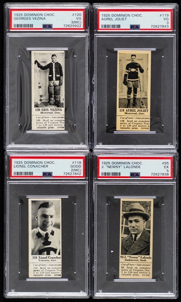 1925 Dominion Chocolate 120-Card Set Featuring the 32-Card Hockey Set with PSA-Graded Hockey Cards (7) Inc. HOFers #120 Vezina (VG 3 - MC), #119 Joliat (VG 3) and #118 Conacher Rookie (Good 2 - MC) 