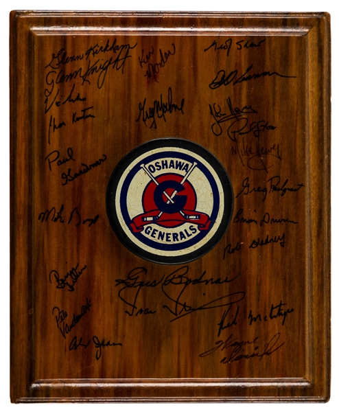 OHA Oshawa Generals 1975-76 Team-Signed Display Plaque with Vintage Puck