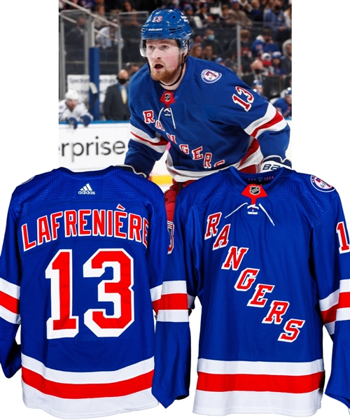 Alexis Lafrenieres 2021-22 New York Rangers Opening Night Game-Worn Jersey – Rod Gilbert Memorial Patch! 