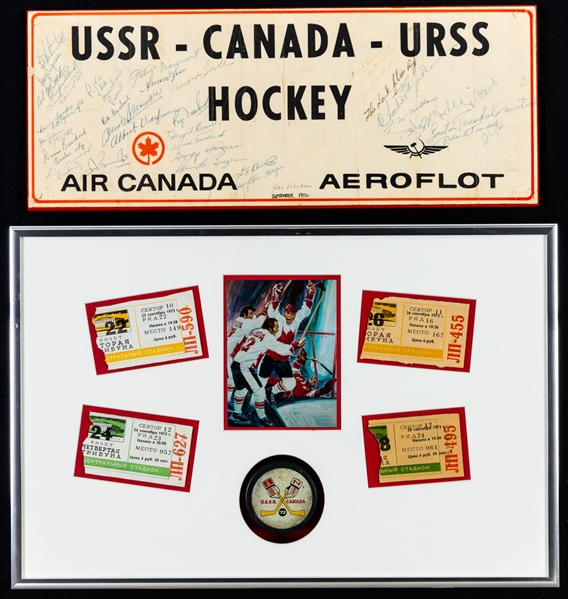 1972 Canada-Russia Series Game 5, 6, 7 and 8 Ticket Stubs from Luzhniki Ice Palace (Moscow) Framed Display Plus Canadian Fans Bus Identifier Sign