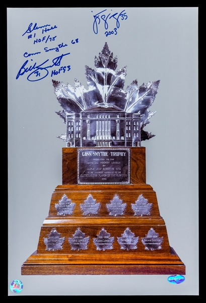 NHL Trophies Multi-Signed Photos (9) including Beliveau, Lafleur, Hull, Bourque and Hall with LOA (11" x 16")