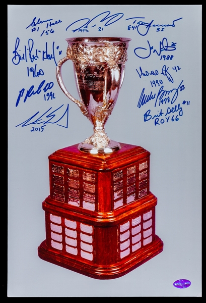 NHL Trophies Multi-Signed Photos (7) with Lafleur, Bourque, Cournoyer, Forsberg and Others with LOA (11" x 16 1/2")