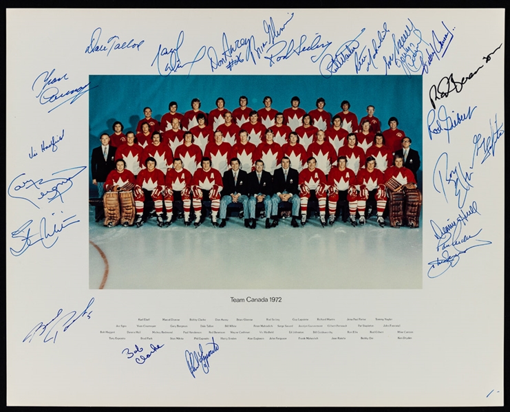 Canada-Russia Series 1972 Team Canada Team-Signed Photo (16" x 20") Plus Hendersons Goal Photo Signed by Henderson, Tretiak and Cournoyer (16" x 20") with LOA 
