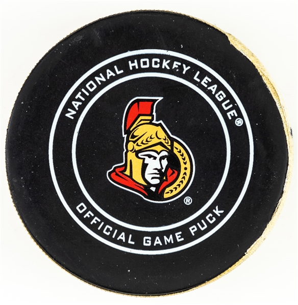 Brady Tkachuk’s Ottawa Senators October 15th 2018 Goal Puck with Sens Hologram – Season Goal #3 of 22 / Career Goal #3 – Game-Winning Goal! – Earliest Goal Puck Available for Tkachuk! 