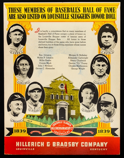 Scarce 1939 Hillerich & Bradsby Honor Roll Stand-Up Display Sign Featuring 1939 Hall of Fame Inductees Ruth, Cobb, Collins, Sisler, Wagner, Lajoie, Gehrig and Speaker (22" x 29")
