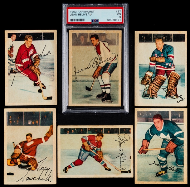 1953-54 Parkhurst Hockey Complete 100-Card Set Including PSA-Graded Card #27 HOFer Jean Beliveau Rookie (VG 3)