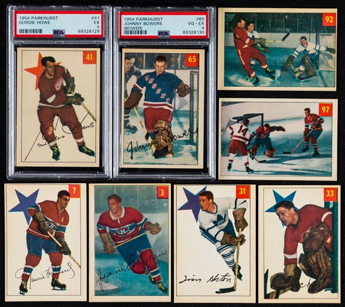 1954-55 Parkhurst Hockey Complete 100-Card Mid-Grade Set Including PSA-Graded Cards of HOFers #41 Gordie Howe (EX 5) and #65 Johnny Bower Rookie (VG-EX 4)