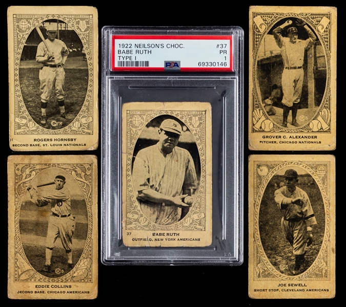 1922 Neilsons Chocolate Type 1 V-61 Baseball Cards (15) Including #37 HOFer Babe Ruth (Graded PSA 1) Plus 1922 Neilsons Chocolate Type II V-61 Baseball Cards (32)