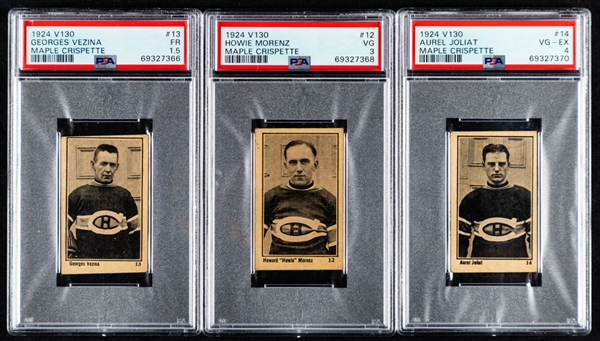 1924-25 Maple Crispette V130 Hockey Near Complete Card Set (26/29) Including PSA-Graded Cards of HOFers #12 Howie Morenz (VG 3), #13 George Vezina (FR 1.5) and #14 Aurele Joliat (VG-EX 4)